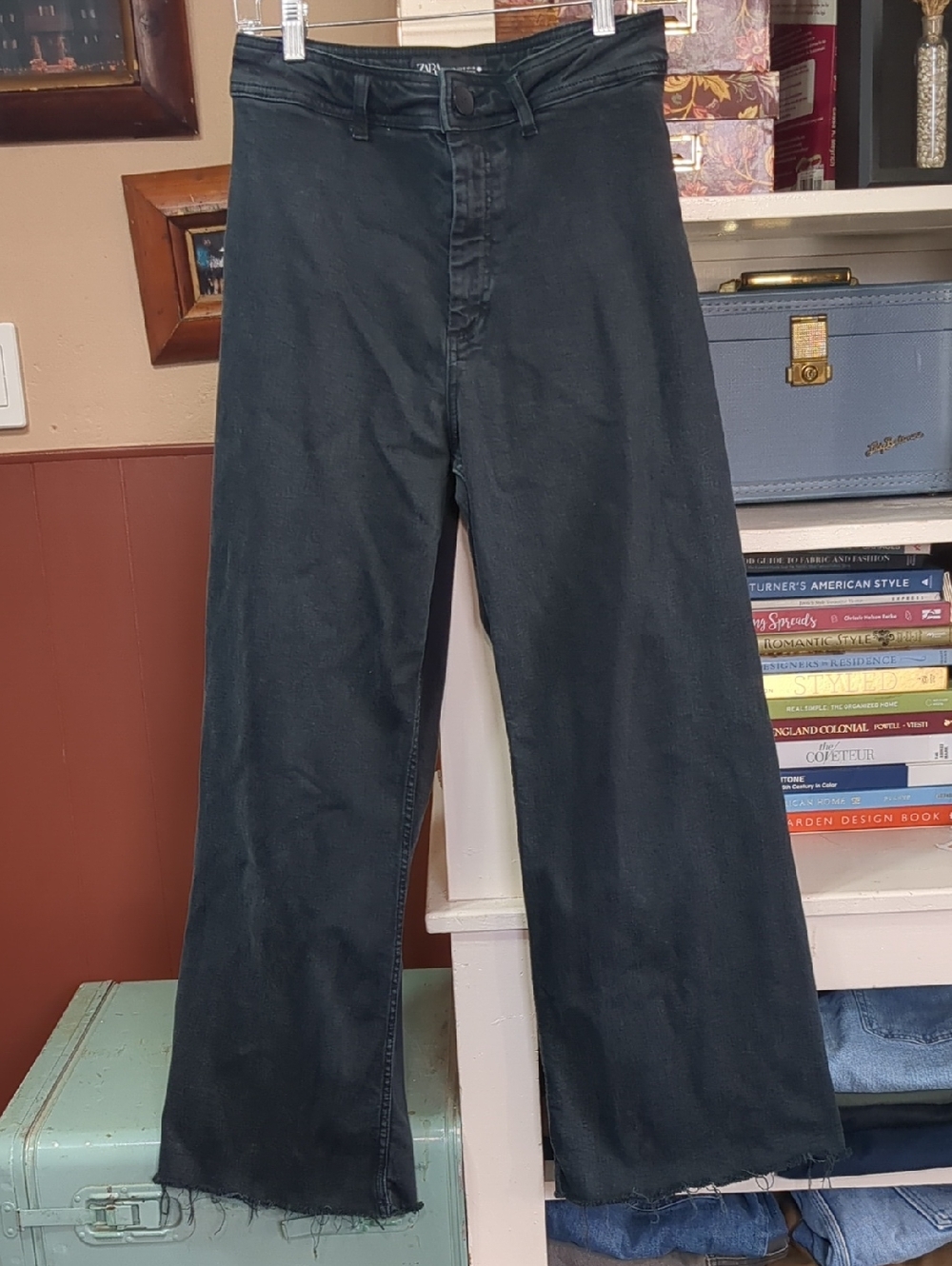 Zara Marine Straight Raw Hem Black Wide Leg Jeans Size 8